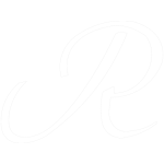 Stylized uppercase letter R in white script font on a transparent background.