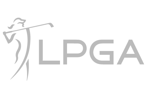 LPGA logo featuring a stylized female golfer swinging a club to the left of bold letters ‘LPGA’, representing the Ladies Professional Golf Association.